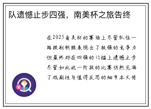 队遗憾止步四强，南美杯之旅告终