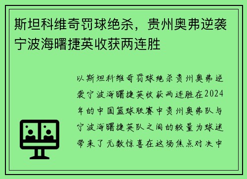 斯坦科维奇罚球绝杀，贵州奥弗逆袭宁波海曙捷英收获两连胜
