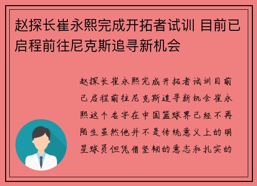 赵探长崔永熙完成开拓者试训 目前已启程前往尼克斯追寻新机会
